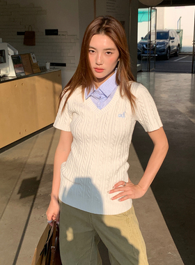 LK STORE LKOD2026春季新款假两件修身毛衣短袖女装白色毛衣女款