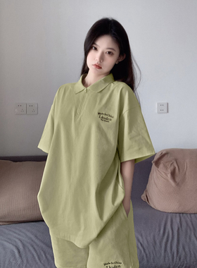 LKSTORE LKOD2022春夏新款刺绣字母套装休闲潮牌情侣半拉链短袖