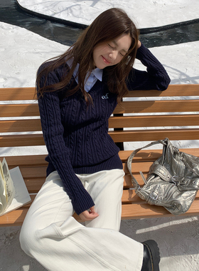 LK STORE LKOD2025条纹衬衣领od字母毛衣v领假两件长袖针织修身女