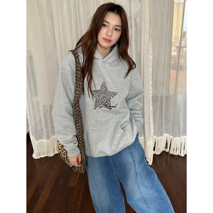 LK STORE LKOD2025秋冬豹纹贴布五角星连帽草写字母卫衣情侣潮牌