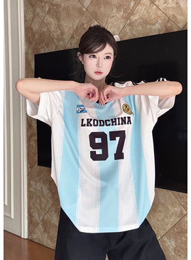 LKSTORE LKOD2025夏季新款球衣透气刺绣足球图案潮牌宽松T恤短袖