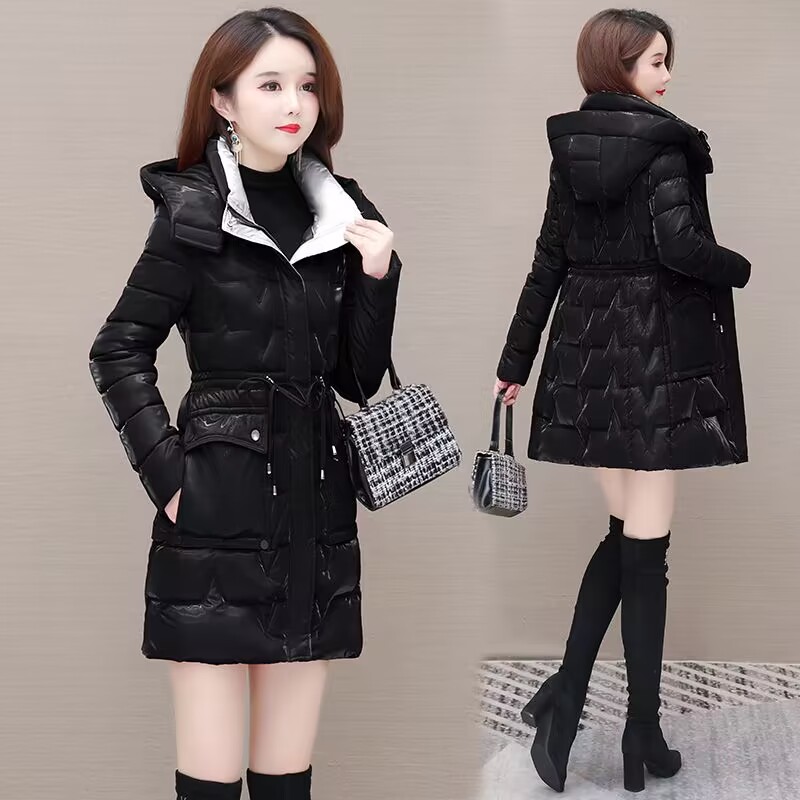 冬季新款棉衣女中长款加厚时尚修身免洗亮面棉服洋气妈妈保暖棉袄