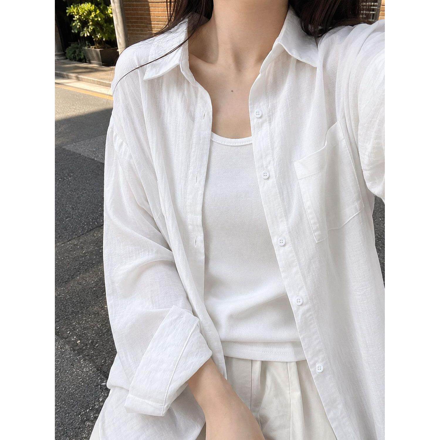 白色亚麻衬衫女士夏季薄款2026新款外穿防晒长袖衬衣棉麻外套上衣