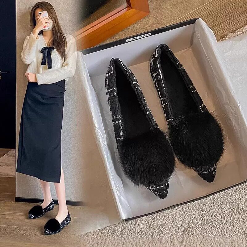 大码女鞋平底新款真皮水貂毛四季秋冬加绒显瘦浅口软底防滑单鞋女