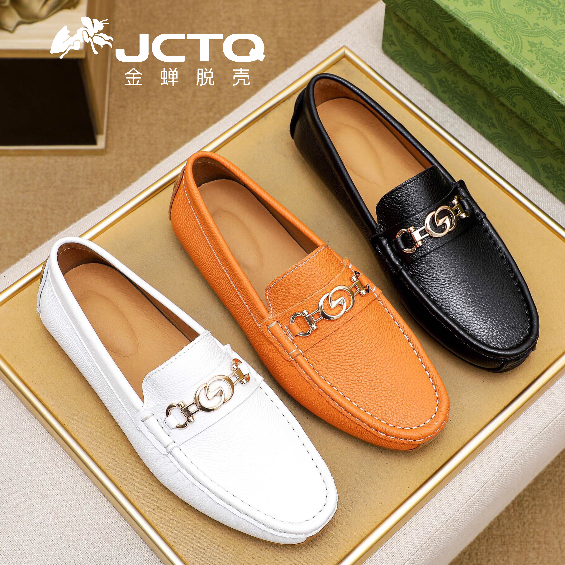 金蝉脱壳新款荔枝纹牛皮男士豆豆鞋高端潮流百搭懒人商务休闲皮鞋