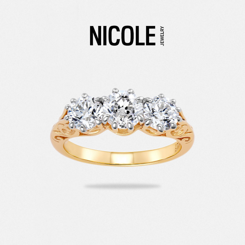 Nicole Jewelry 复古雕花三石戒指 双色爪镶仿真钻宫廷风纪念礼物