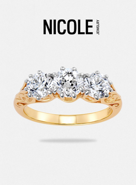 Nicole Jewelry 复古雕花三石戒指 双色爪镶仿真钻宫廷风纪念礼物