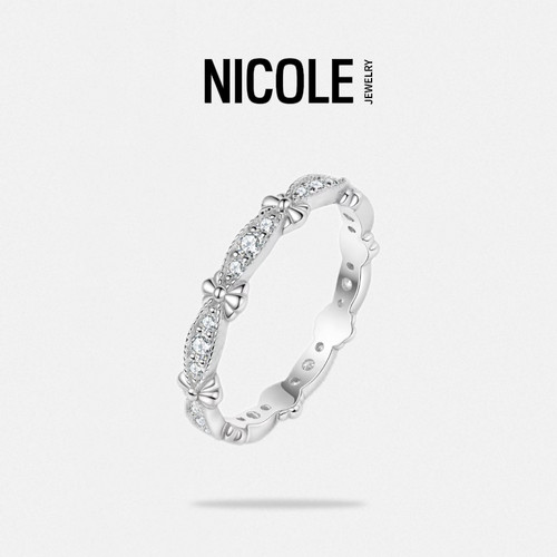 NICOLE JEWELRY 蝴蝶结密镶排戒 S925少女风细圈锆石戒指可叠戴