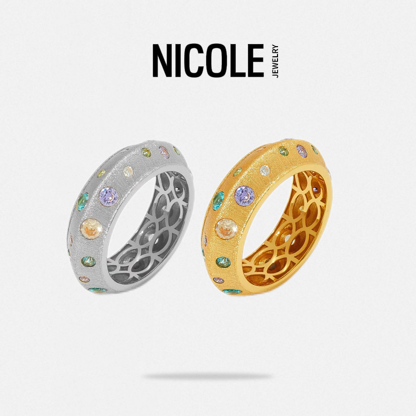NICOLE JEWELRY S925纯银多巴胺糖果锤纹彩宝戒指女小众设计套装