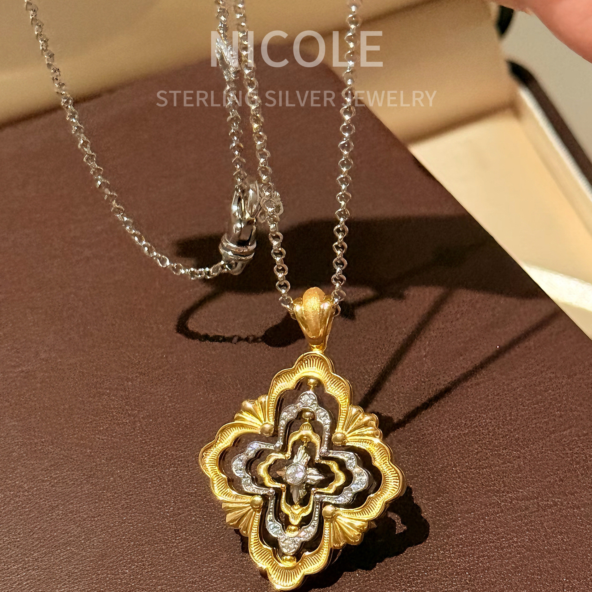 Nicole Jewelry 意大利歌剧院旋转纯银项链女白金镂空间金可翻转
