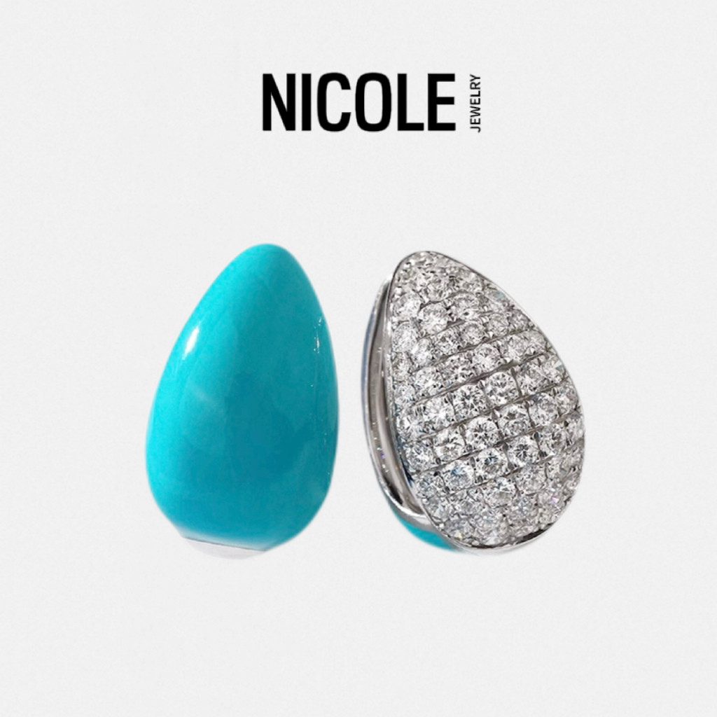 Nicole Jewelry 满镶锆石绿松水滴纯银耳环 女ins白金耳钉新年款
