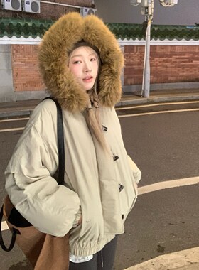 实拍区区欧阳大貉子毛领羽绒服女冬季棉衣韩版加厚牛角扣外套棉服