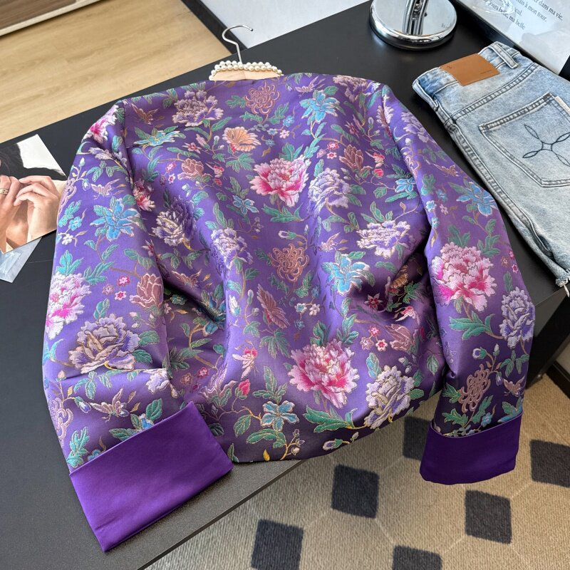 实拍新中式唐装中国风夹棉重工刺绣提花织锦复古长袖拼接棉服外套