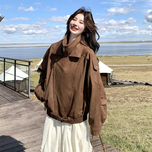 美拉德又a又飒麂皮绒机车夹克女春秋新款小个子美式高级感外套女