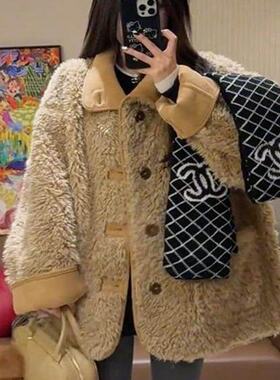 秋冬新品女生百搭款高质量流行款中长毛毛大衣外套翻领双面穿上衣