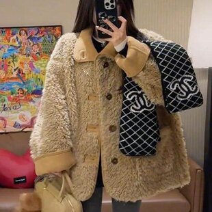 秋冬新品女生百搭款高质量流行款中长毛毛大衣外套翻领双面穿上衣