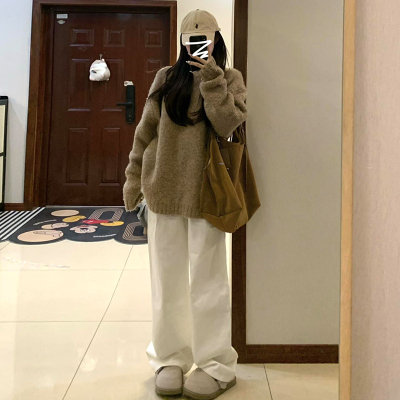冬季新款美式复古长袖圆领毛衣女慵懒风宽松软糯针织上衣