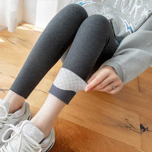 灰色竖条纹加绒打底裤女秋冬季外穿九分长裤子加厚保暖棉裤小脚裤