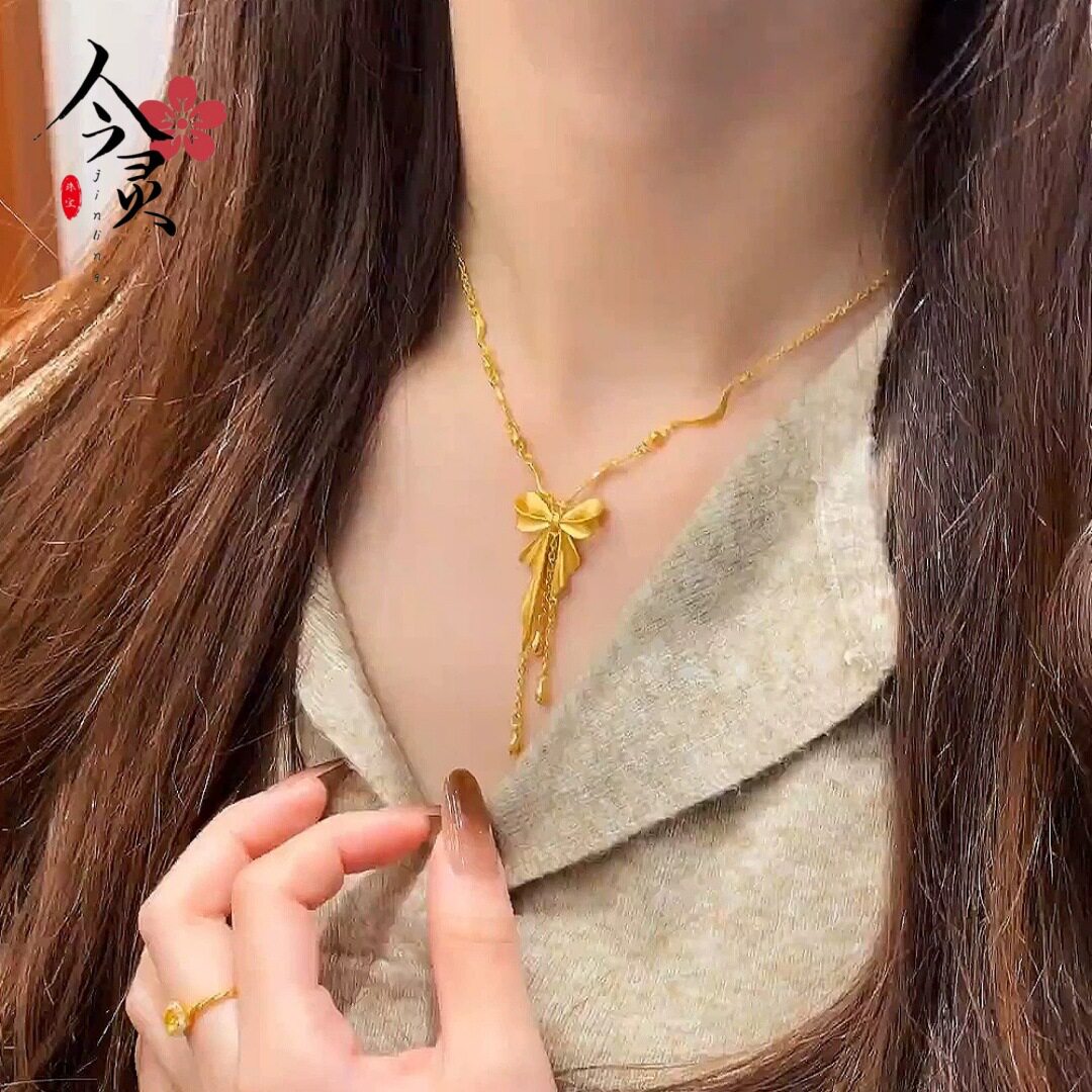 金色公主蝴蝶结流苏一体锁骨链