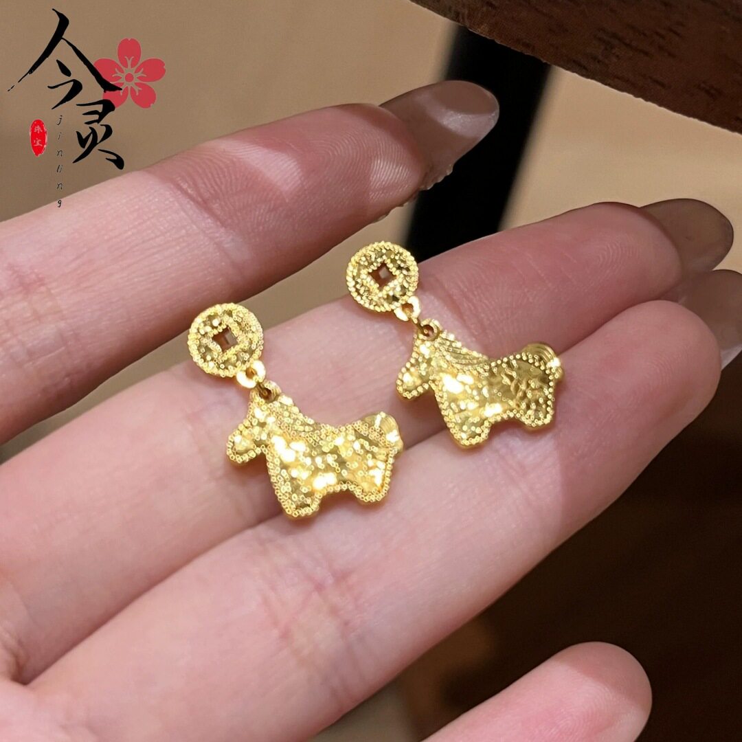 金色马上有钱碎冰冰小马铜钱耳钉女爆闪耳饰轻奢耳吊耳坠饰品
