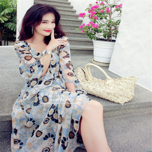 2019年新款 长袖 桑蚕丝连衣裙 刘美人款 蓝色花卉真丝乔其长裙女秋装