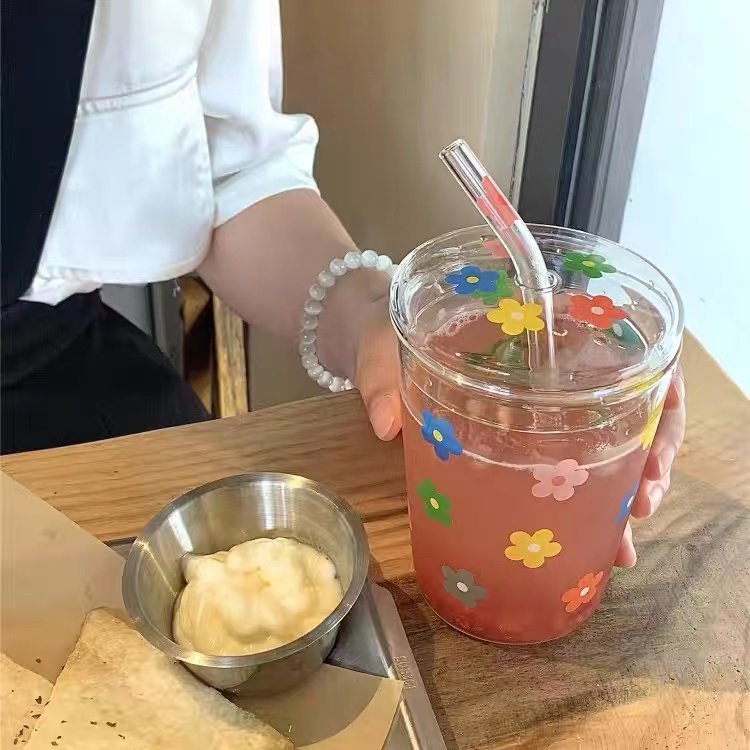 韩式ins风小清新可爱花朵玻璃吸管杯学生用杯子可加热高颜值杯子