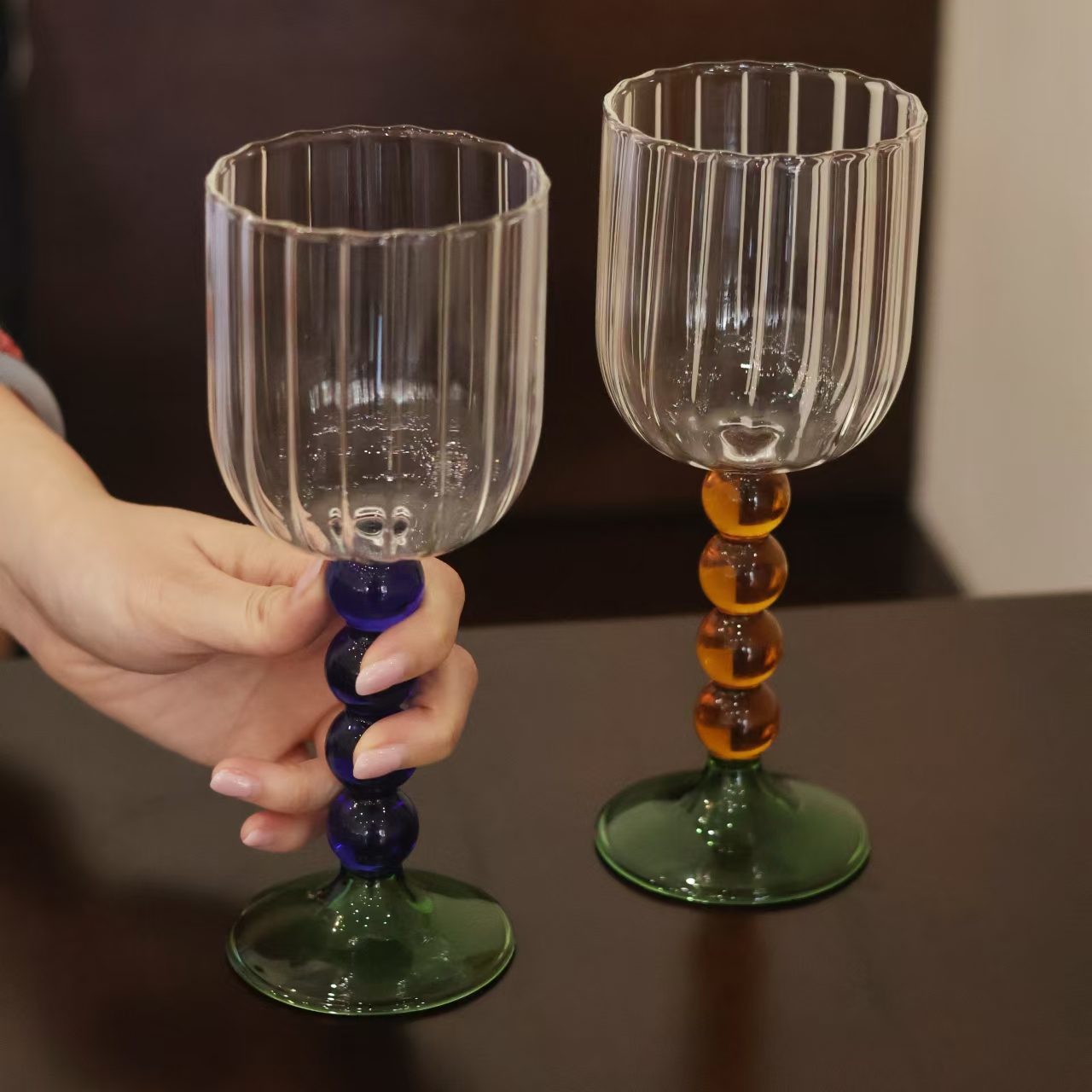 出口创意撞色红酒高脚杯手工玻璃水杯咖啡杯鸡尾酒葡萄酒杯香槟杯