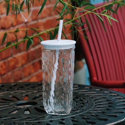 创意树皮纹三角杯玻璃吸管杯高硼硅材质带盖子带吸管喝水杯咖啡杯