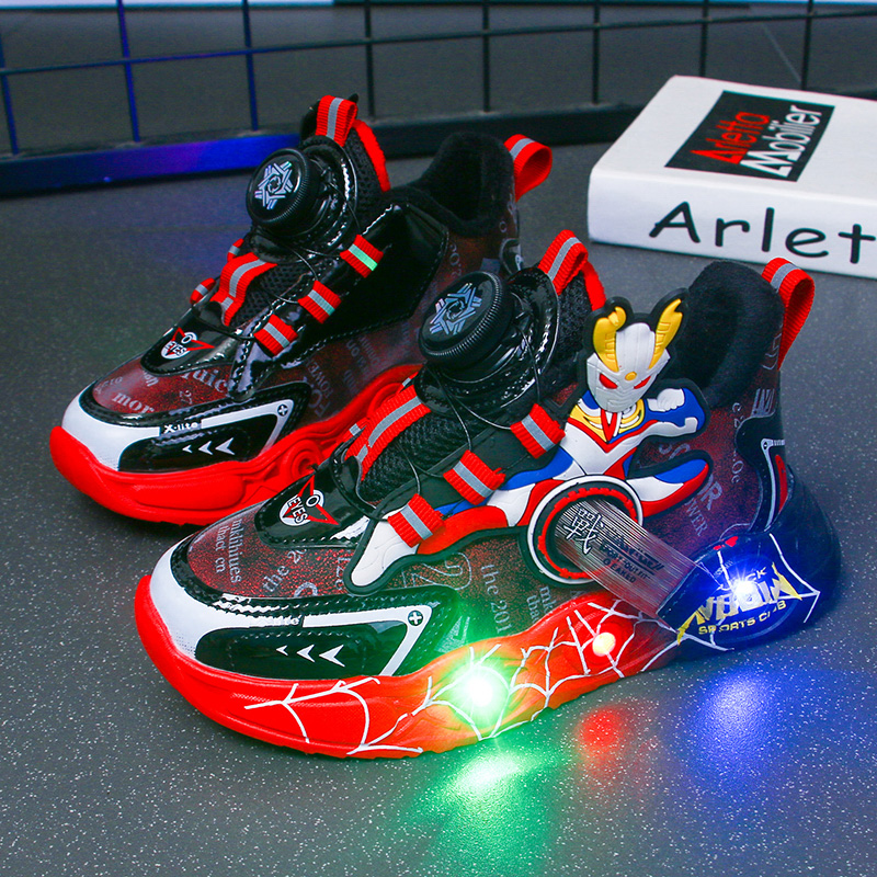 男童二棉鞋子发光鞋儿童加绒鞋男旋转扣男宝运动鞋防滑男孩亮灯鞋