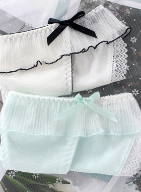 日系甜美舒适纯棉内裤女少女透气网纱三角裤蝴蝶结蕾丝边短裤