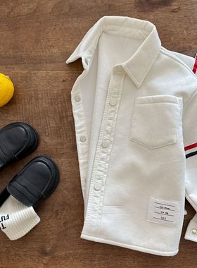 日系童装儿童白色加绒衬衣2025秋冬新款男童加厚衬衫小童翻领外套