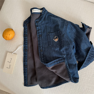 儿童牛仔衬衫2025秋冬新款中小童加厚小熊外套宝宝立领加绒衬衣潮