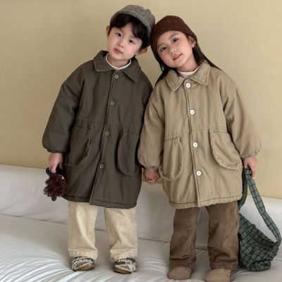 韩国儿童棉衣中长款加绒2025冬季新款男童保暖棉服兄妹装加厚外套
