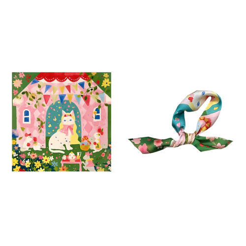 公主猫咪～Flora古灵精怪复古可爱油画趣味少女心小方巾丝巾领巾