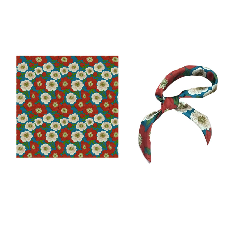 Flora复古港风韵味少女田园森系红白色樱花蓝底小方巾丝巾短领巾