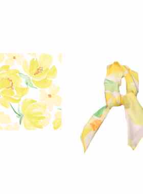 Flora法式春天里的温柔淡黄色花朵韩版方巾丝巾文艺清新装饰领巾