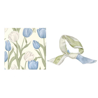 Flora浪漫轻法式奶油风蓝白色郁金香复古少女韩版小方巾丝巾领巾