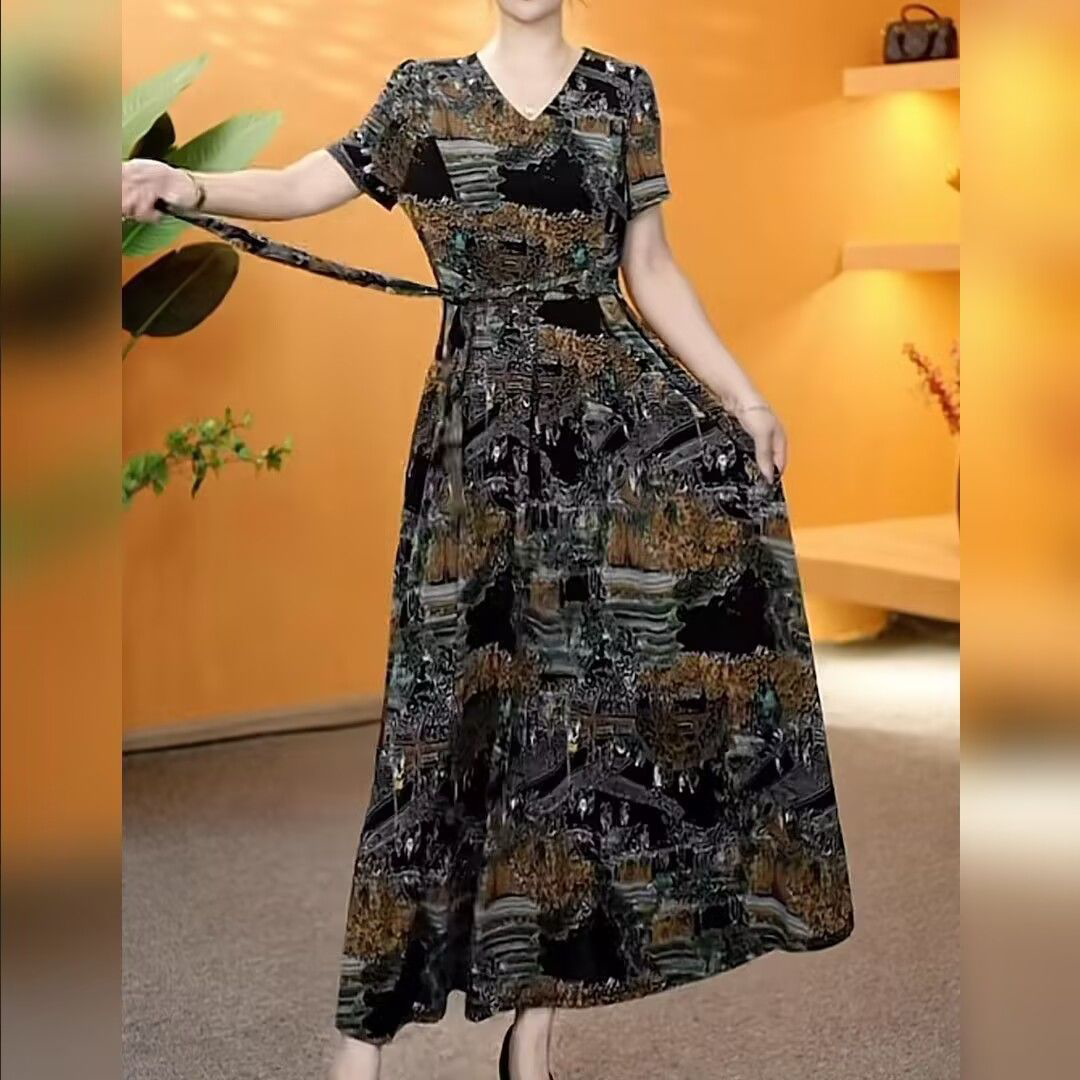 微胖妈妈大码夏季收腰系带连衣裙