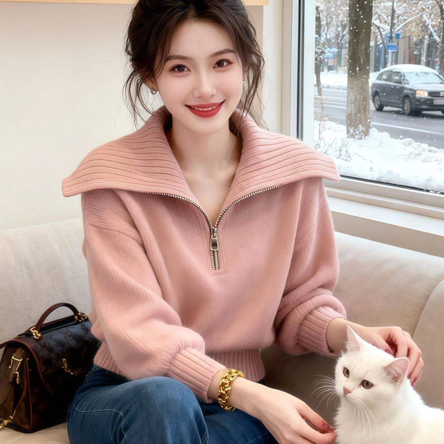 设计感半拉链大翻领软糯针织衫女秋冬宽松慵懒风粉色大码保暖毛衣,女装/女士精品,毛针织衫,淘宝优惠券,粉丝福利购,淘宝优惠卷