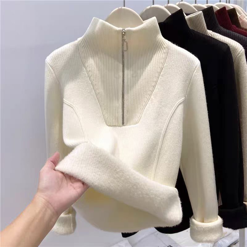 一体绒毛衣女2025秋冬新款保暖内搭时尚立领半拉链针织衫长袖打底