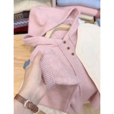韩系粉色连帽针织衫女冬大码胖MM慵懒风宽松毛衣显瘦打底衫上衣