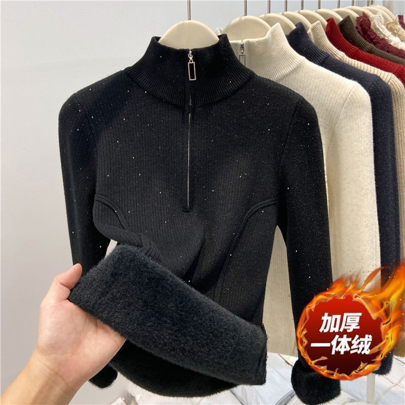 一体加厚加绒拉链毛衣秋冬新款洋气亮丝高领打底针织衫保暖上衣潮