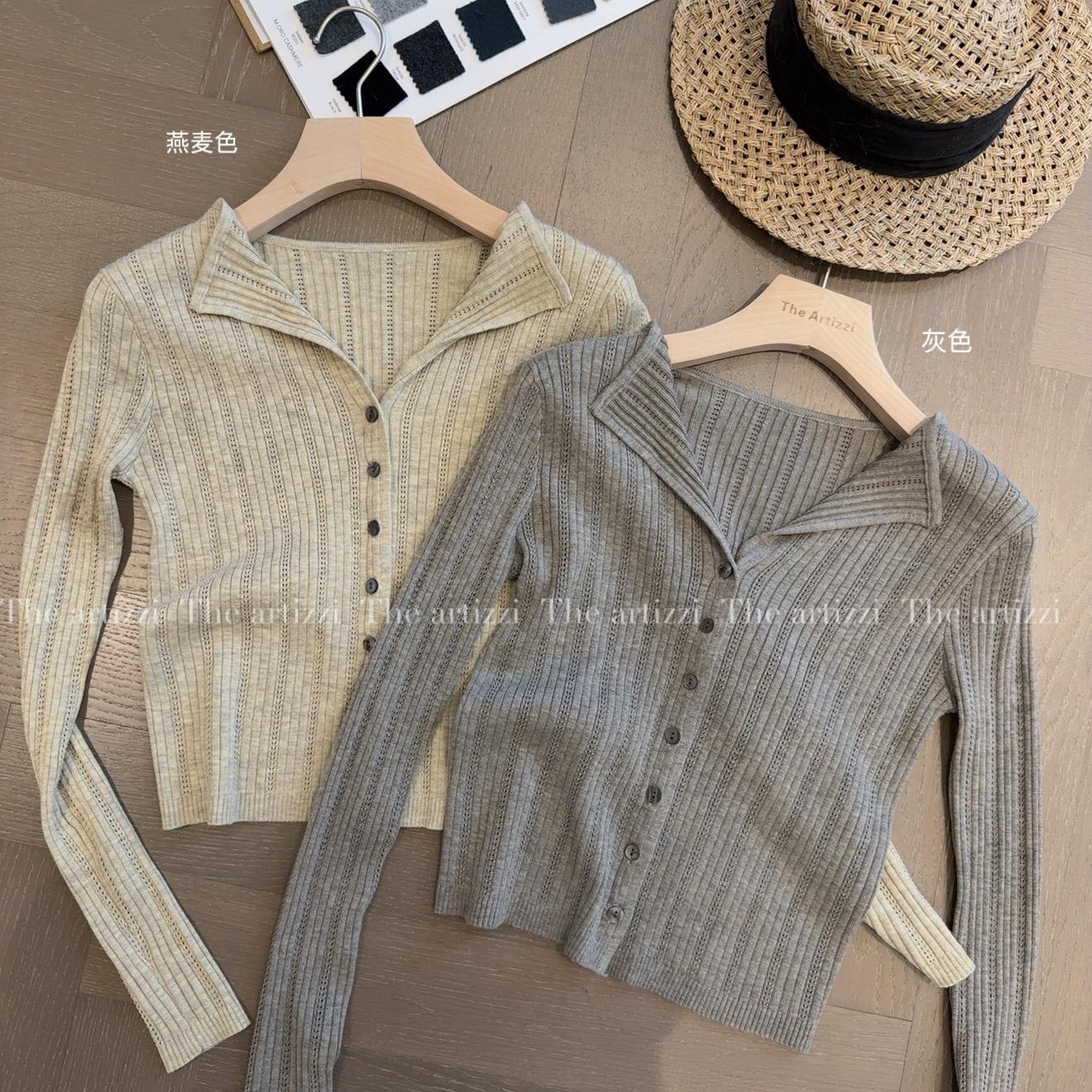 韩系翻领单排扣长袖针织开衫女早秋季修身显瘦百搭别致打底衫上衣