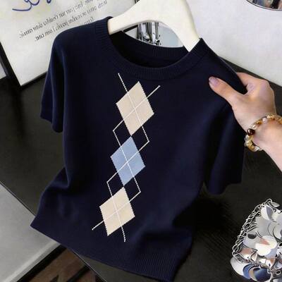 学院风撞色菱形短袖针织衫甜美百搭上衣春夏韩版穿搭减龄套头小衫