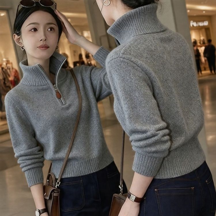 高级感灰色半拉链高领针织打底衫女秋冬新款时尚软糯单穿毛衣上衣