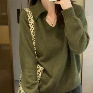 橄榄绿色质感套头毛衣女秋冬新款韩版小众设计感翻领针织衫上衣