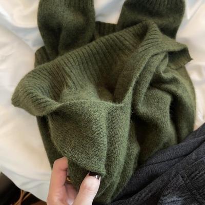Sweet极力推荐 墨绿色翻领毛衣女秋冬保暖百搭慵懒针织衫V领上衣
