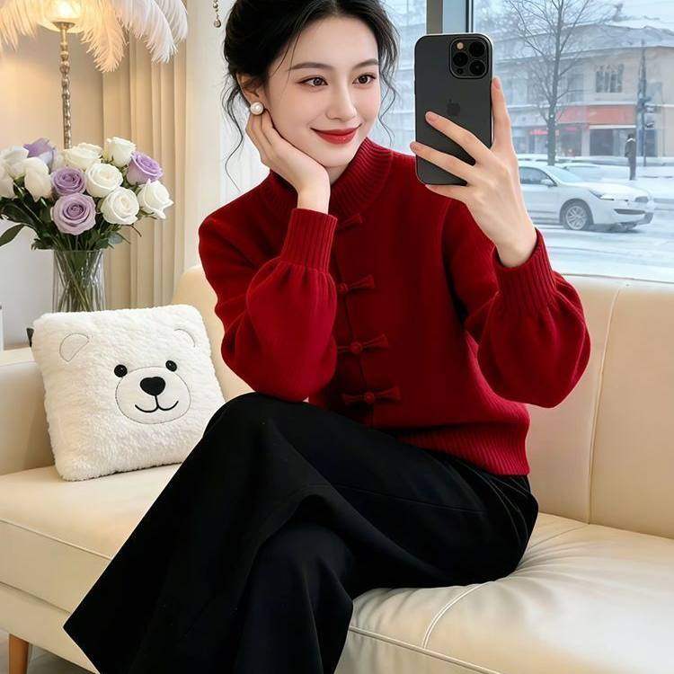 秋冬新款独特超好看新中式纯色立领盘扣毛衣短款灯笼袖针织衫,女装/女士精品,毛针织衫,淘宝优惠券,粉丝福利购,淘宝优惠卷