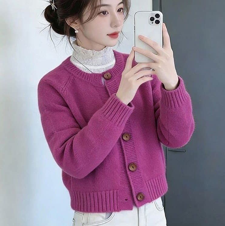 2026年春秋新款圆领单排扣针织衫女时尚百搭简约气质减龄长袖毛衣
