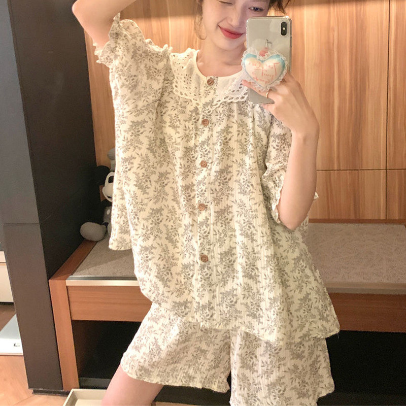 睡衣女夏季短袖纯棉纱薄款网红风甜美碎花圆领花边少女家居服套装
